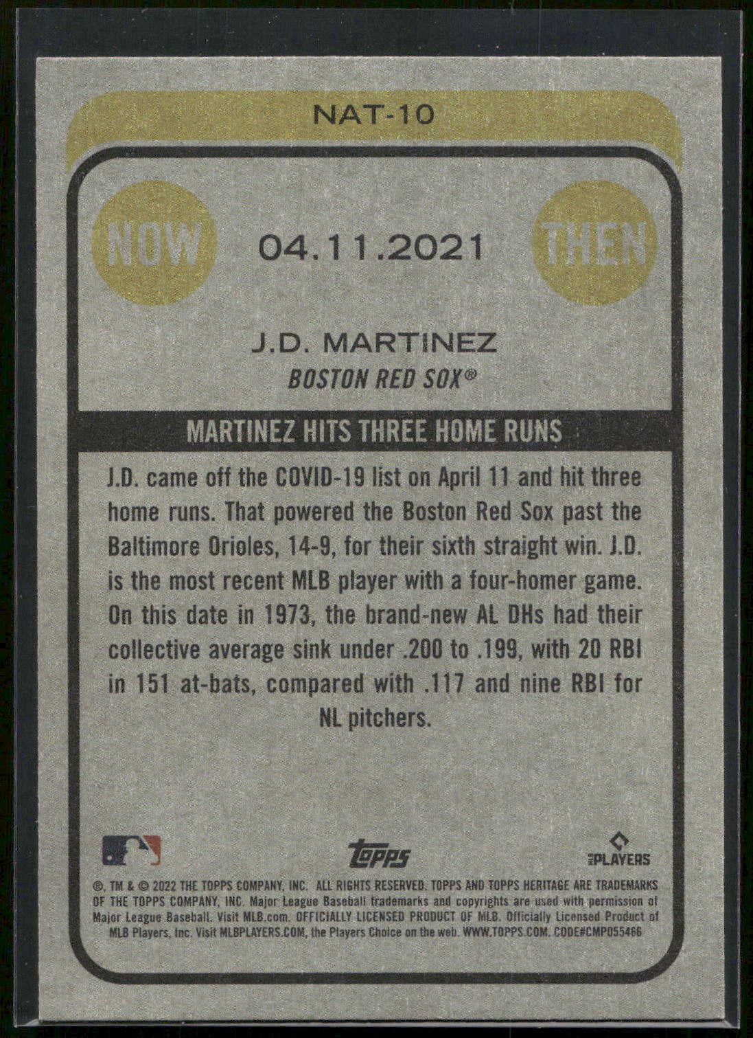 2022 Topps Heritage #NAT-10 Martinez's Three-Homer Game Now and Then