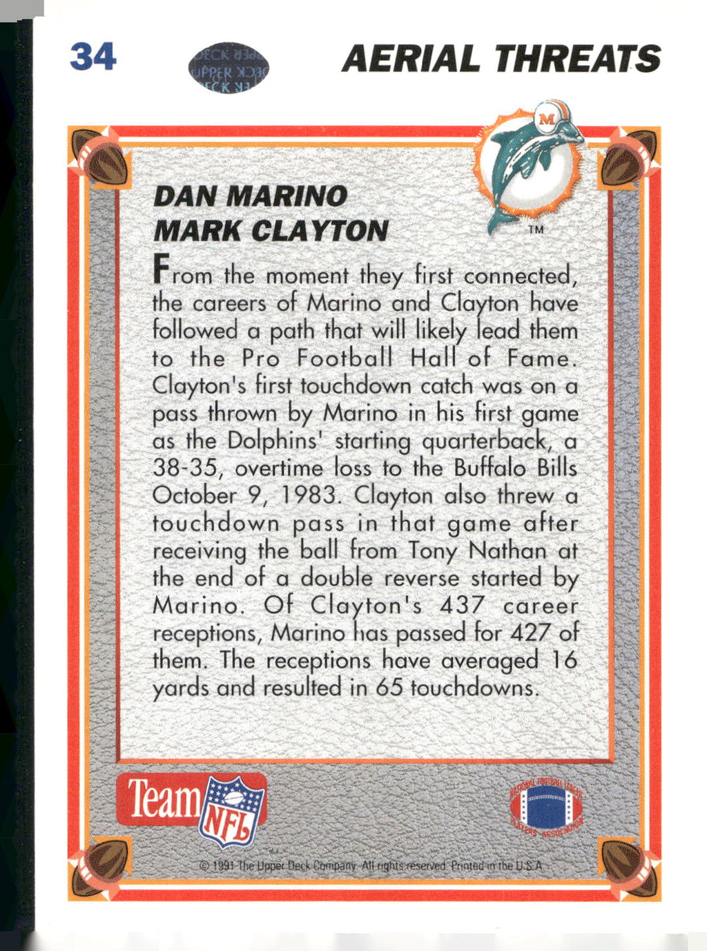 1991 Upper Deck #34 Dan Marino / Mark Clayton