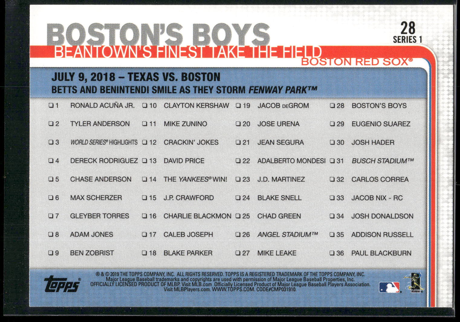 2019 Topps #28 Boston's Boys
