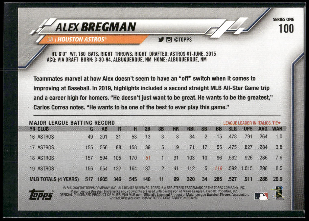 2020 Topps #100 Alex Bregman