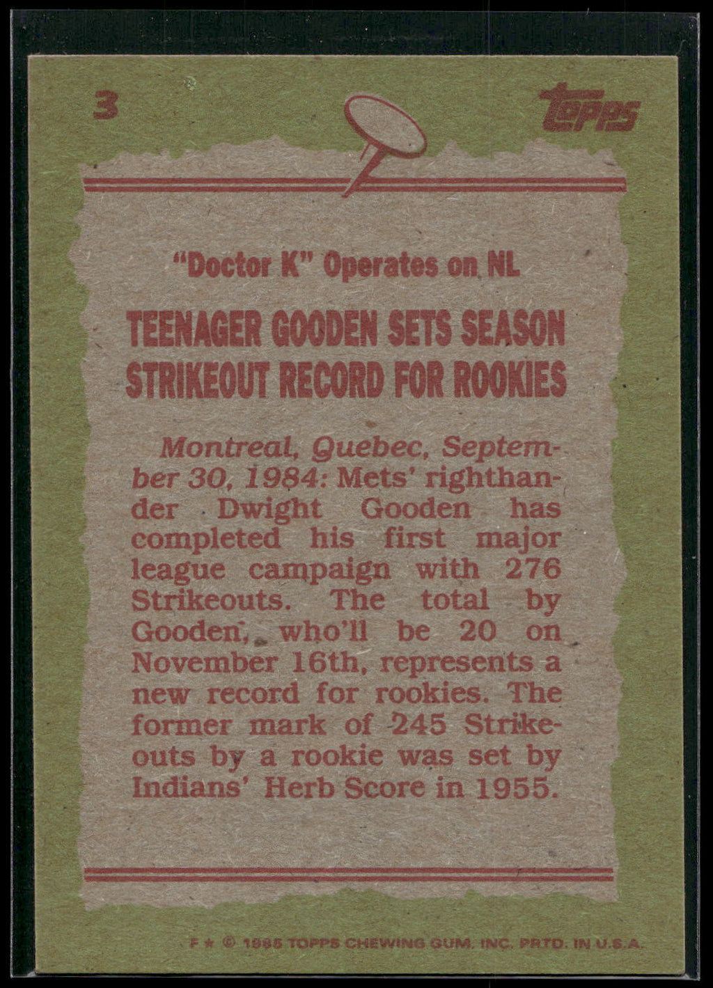 1985 Topps #3 Dwight Gooden