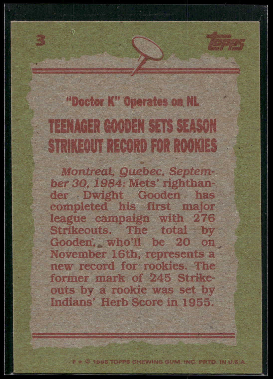 1985 Topps #3 Dwight Gooden