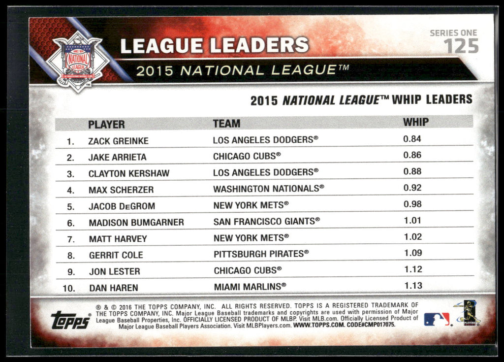 2016 Topps #125 (Zack Greinke / Jake Arrieta / Clayton Kershaw)