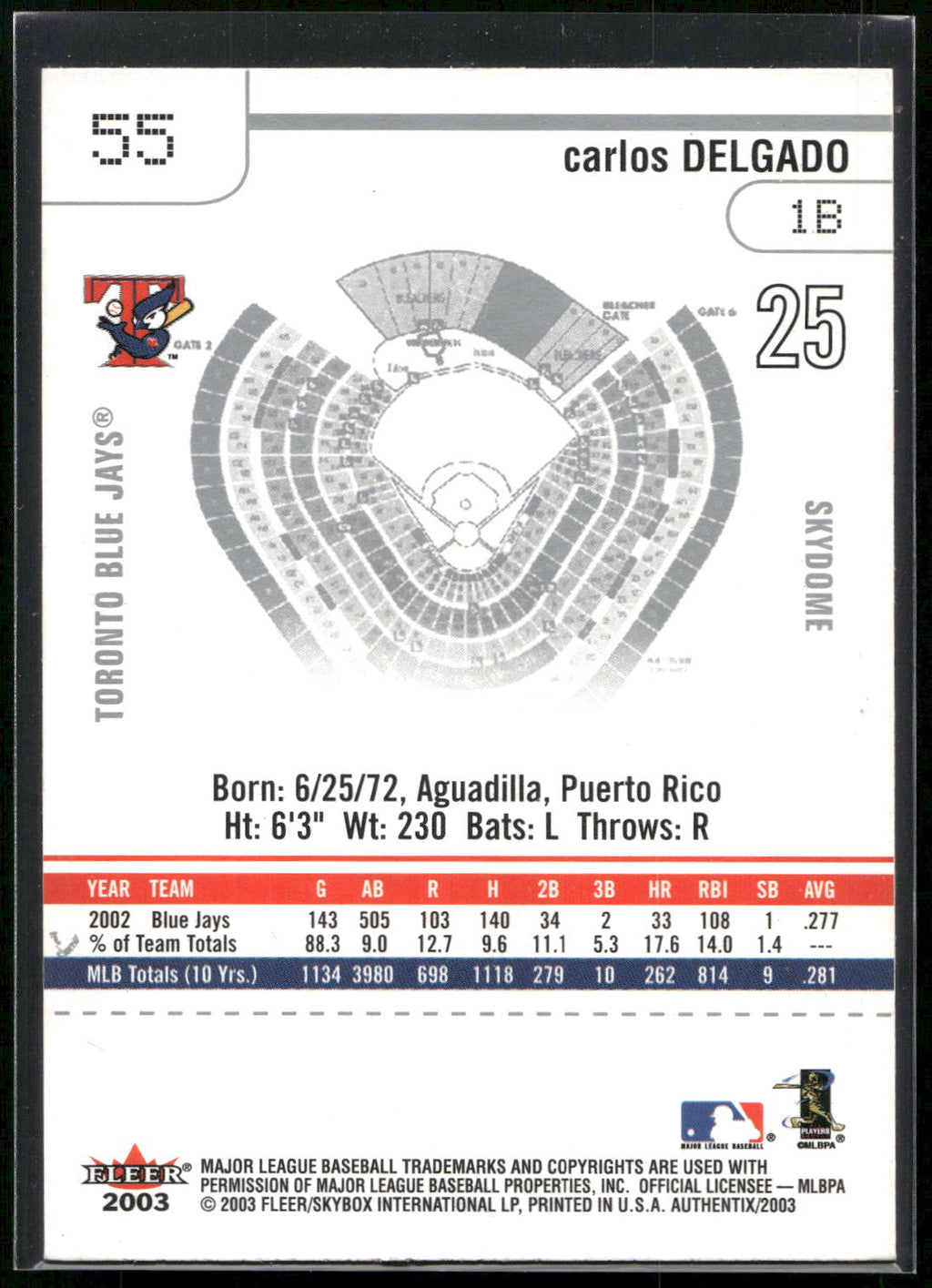 2003 Fleer Authentix #55 Carlos Delgado