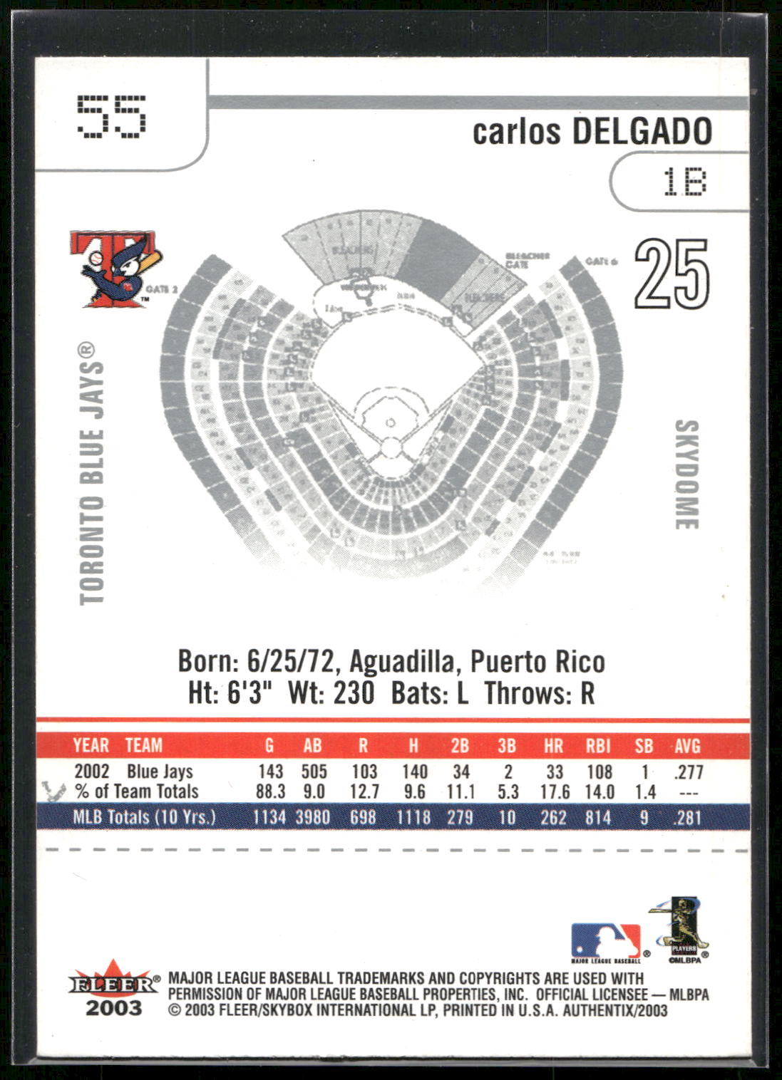2003 Fleer Authentix #55 Carlos Delgado