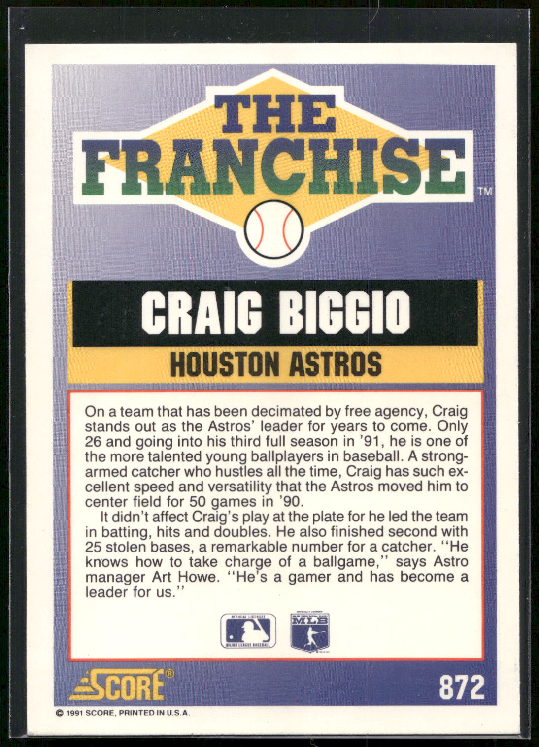 1991 Score #872 Craig Biggio