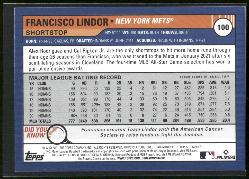 2021 Topps Big League #100 Francisco Lindor Electric Blue