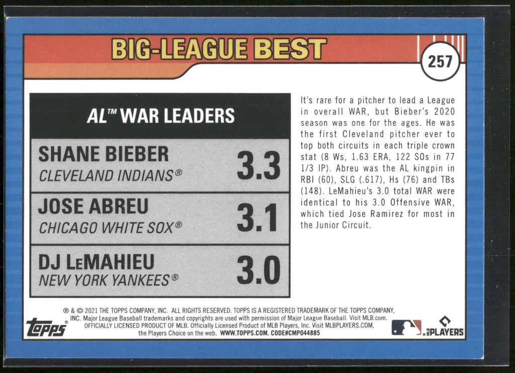 2021 Topps Big League #257 s (Shane Bieber / Jose Abreu / DJ LeMahieu) LL
