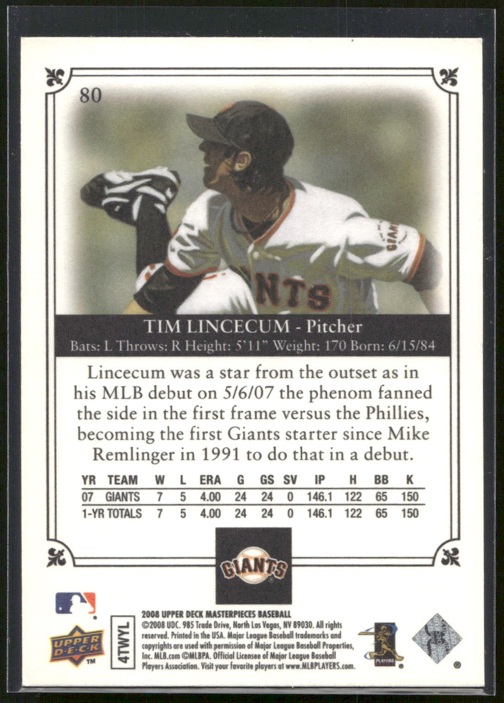 2008 Upper Deck Masterpieces #80 Tim Lincecum