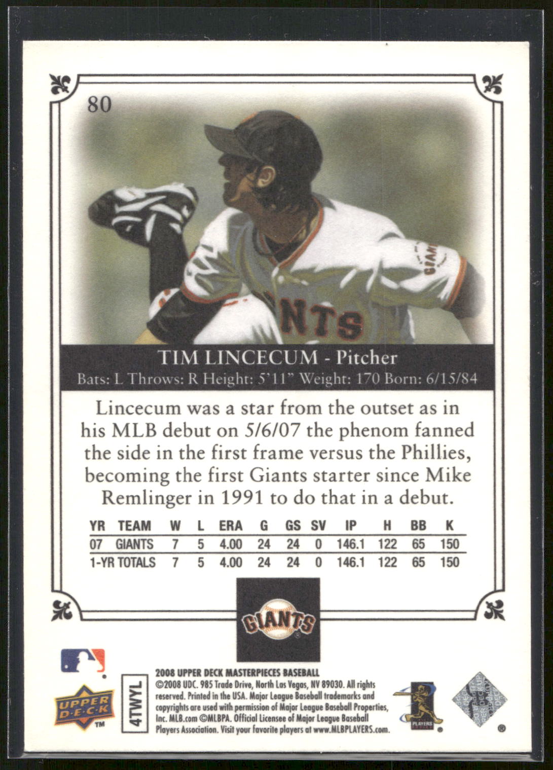 2008 Upper Deck Masterpieces #80 Tim Lincecum