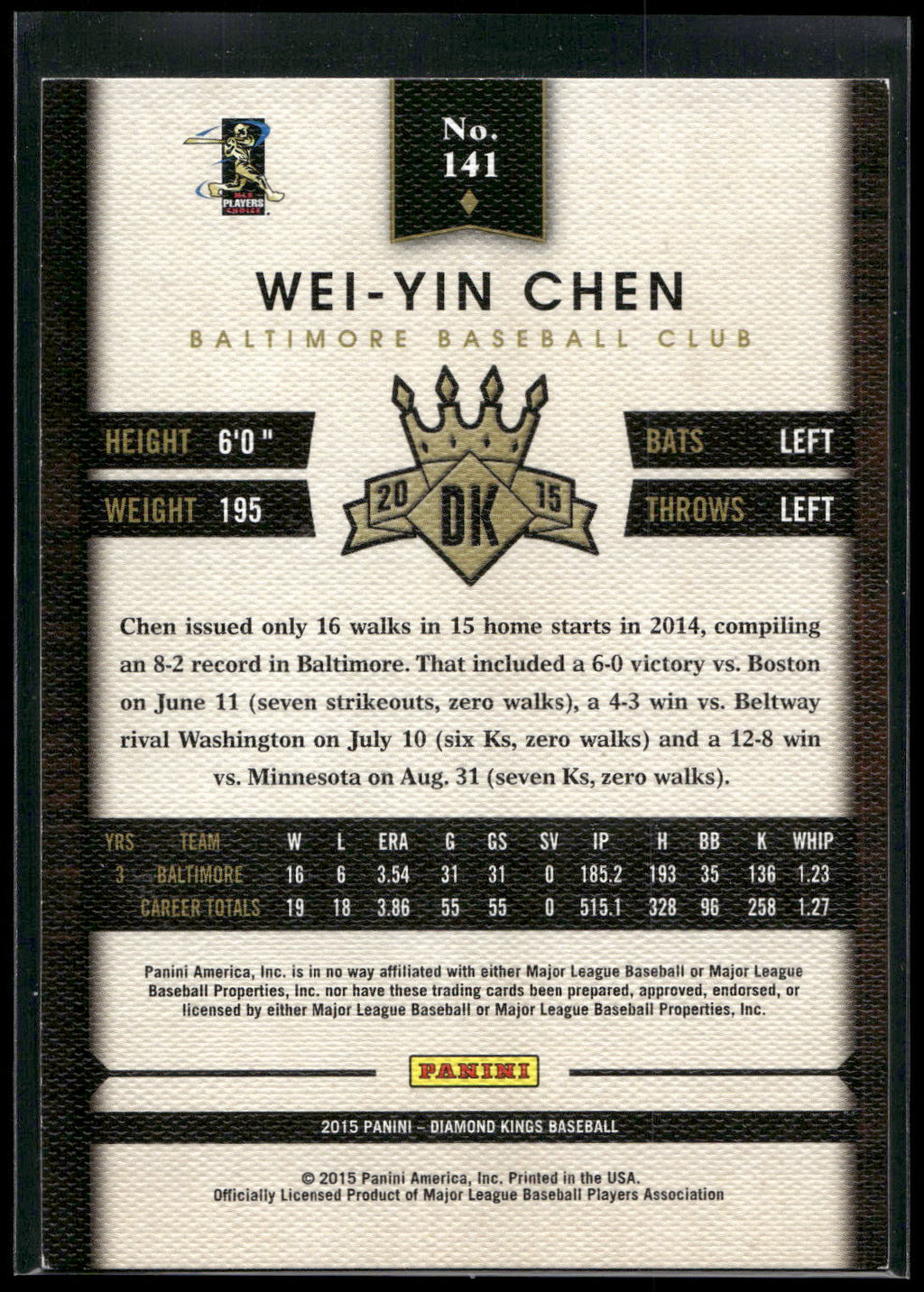2015 Panini Diamond Kings #141 Wei-Yin Chen