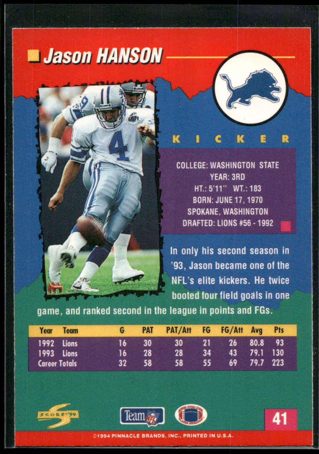 1994 Score #41 Jason Hanson