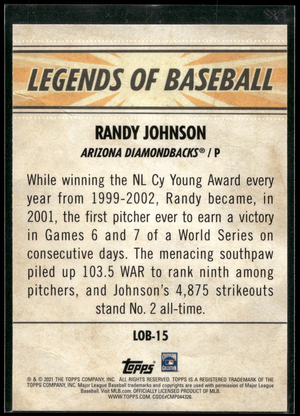 2021 Topps Opening Day #LOB-15 Randy Johnson Legends of Baseball