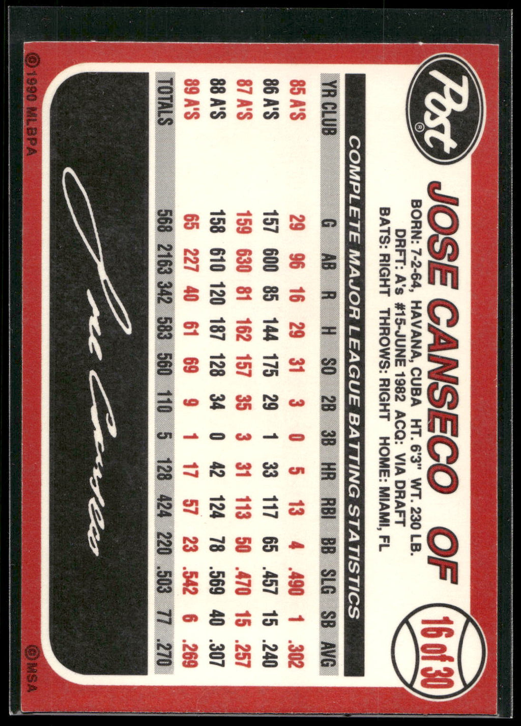 1990 Post #16 Jose Canseco