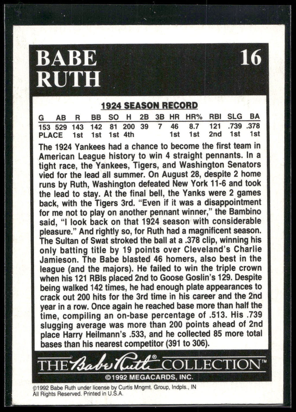 1992 Megacards Babe Ruth #16 Wins Only Batting Title - .378