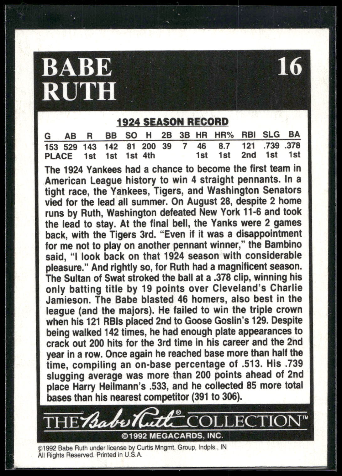 1992 Megacards Babe Ruth #16 Wins Only Batting Title - .378
