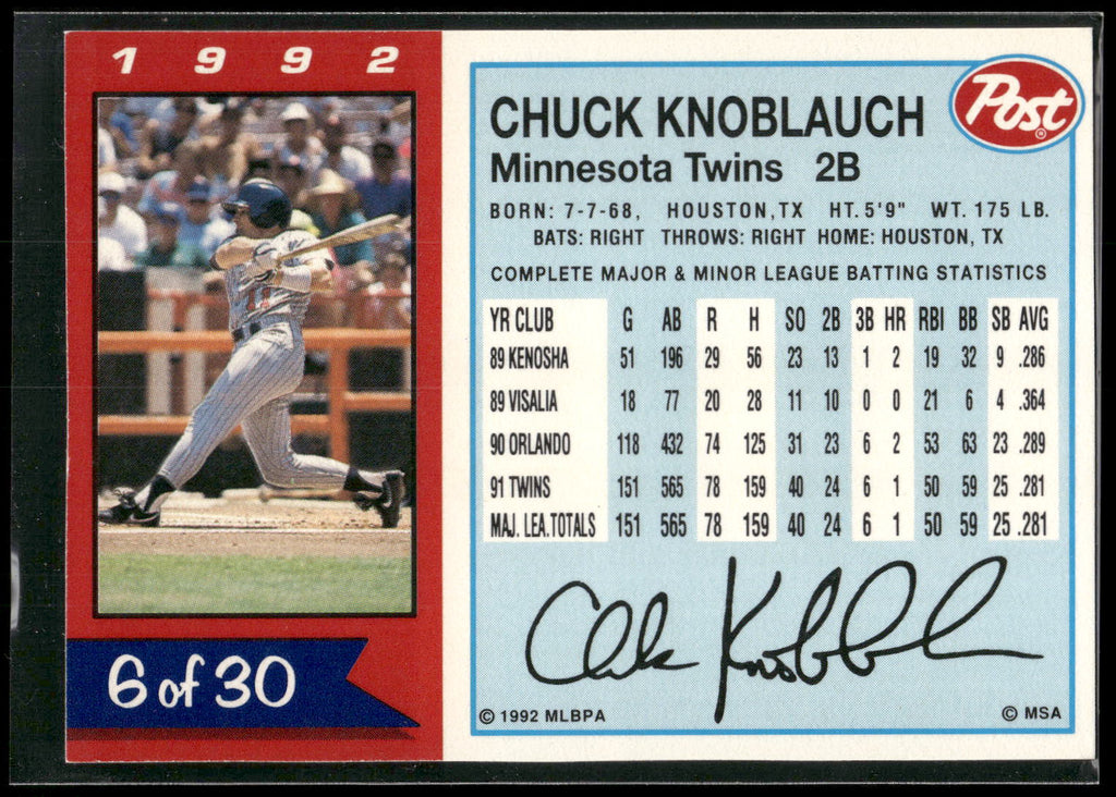 1992 Post Cereal #6 Chuck Knoblauch