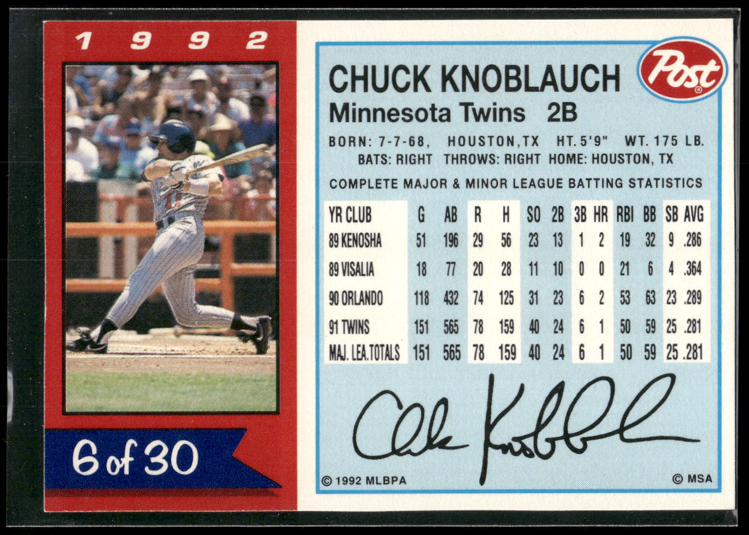1992 Post Cereal #6 Chuck Knoblauch