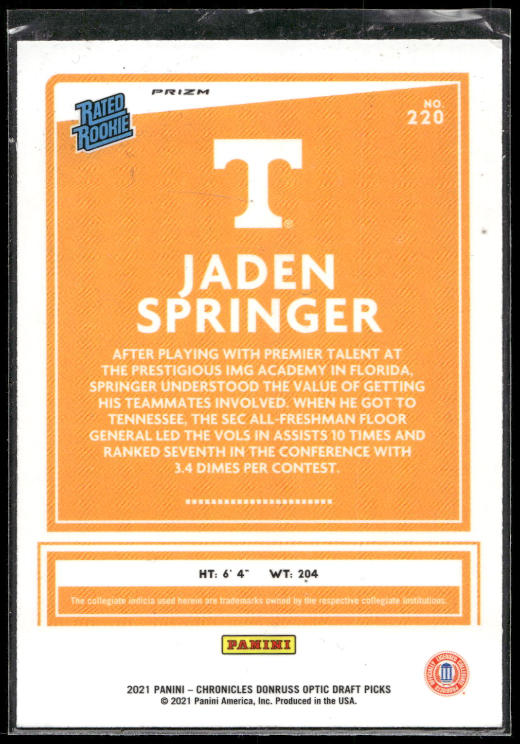 2021 Panini Chronicles Draft Picks #220 Jaden Springer