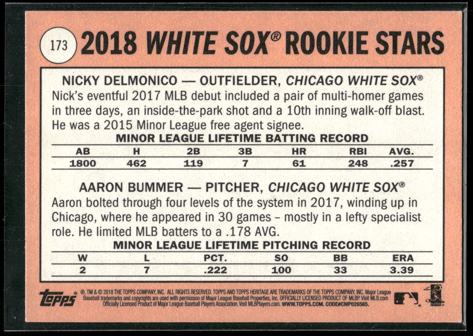 2018 Topps Heritage #173 (Nicky Delmonico / Aaron Bummer)