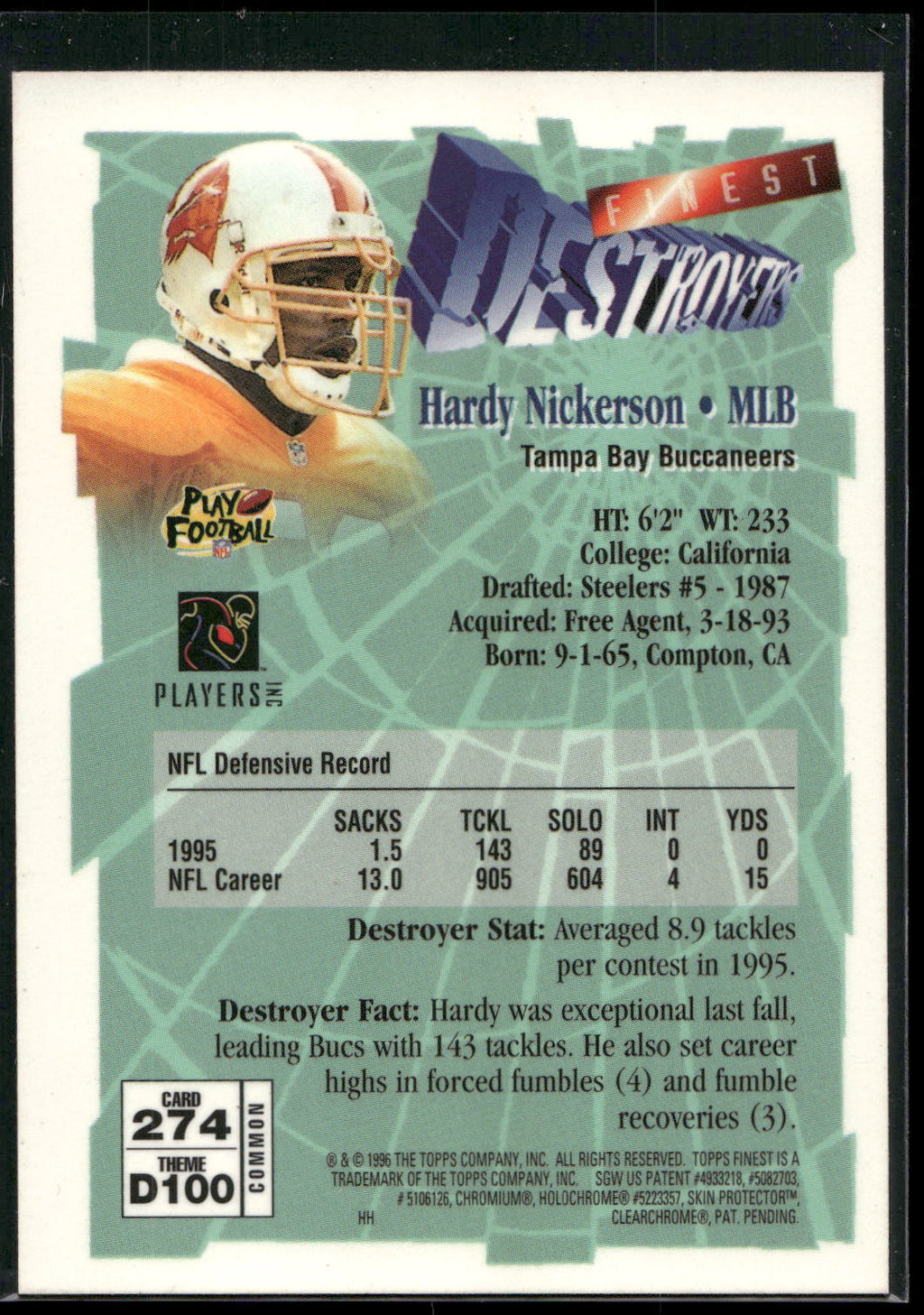 1996 Finest #274 Hardy Nickerson