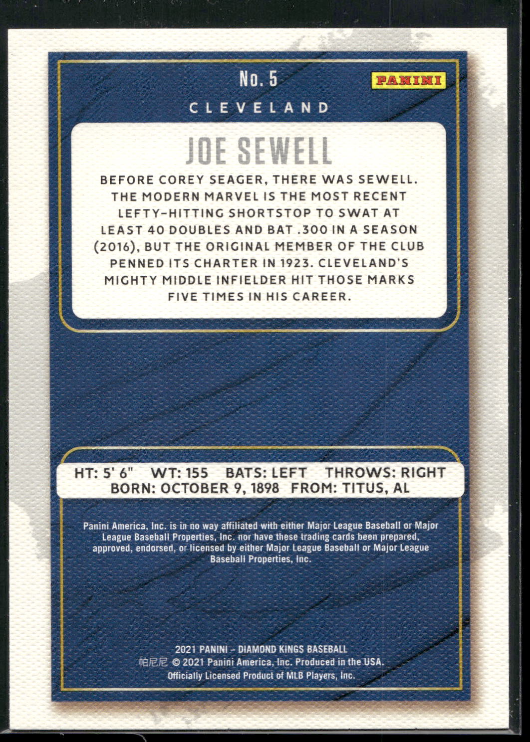 2021 Panini Diamond Kings #5 Joe Sewell Artist's Proof Blue