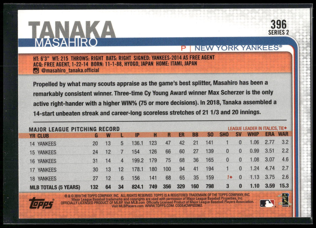 2019 Topps #396 Masahiro Tanaka All-Star Game