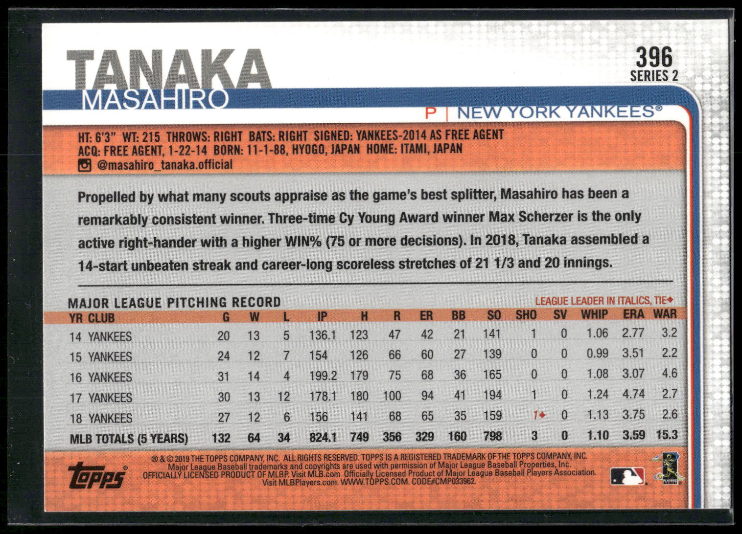 2019 Topps #396 Masahiro Tanaka All-Star Game