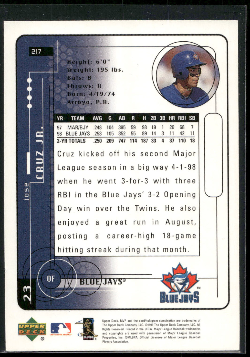 1999 Upper Deck MVP #217 Jose Cruz Jr.