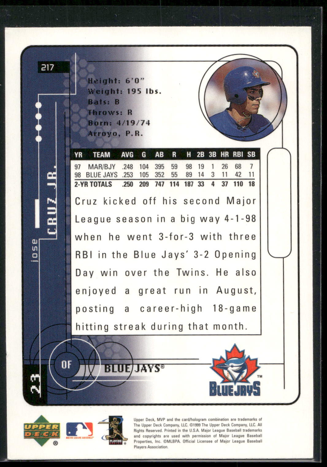 1999 Upper Deck MVP #217 Jose Cruz Jr.