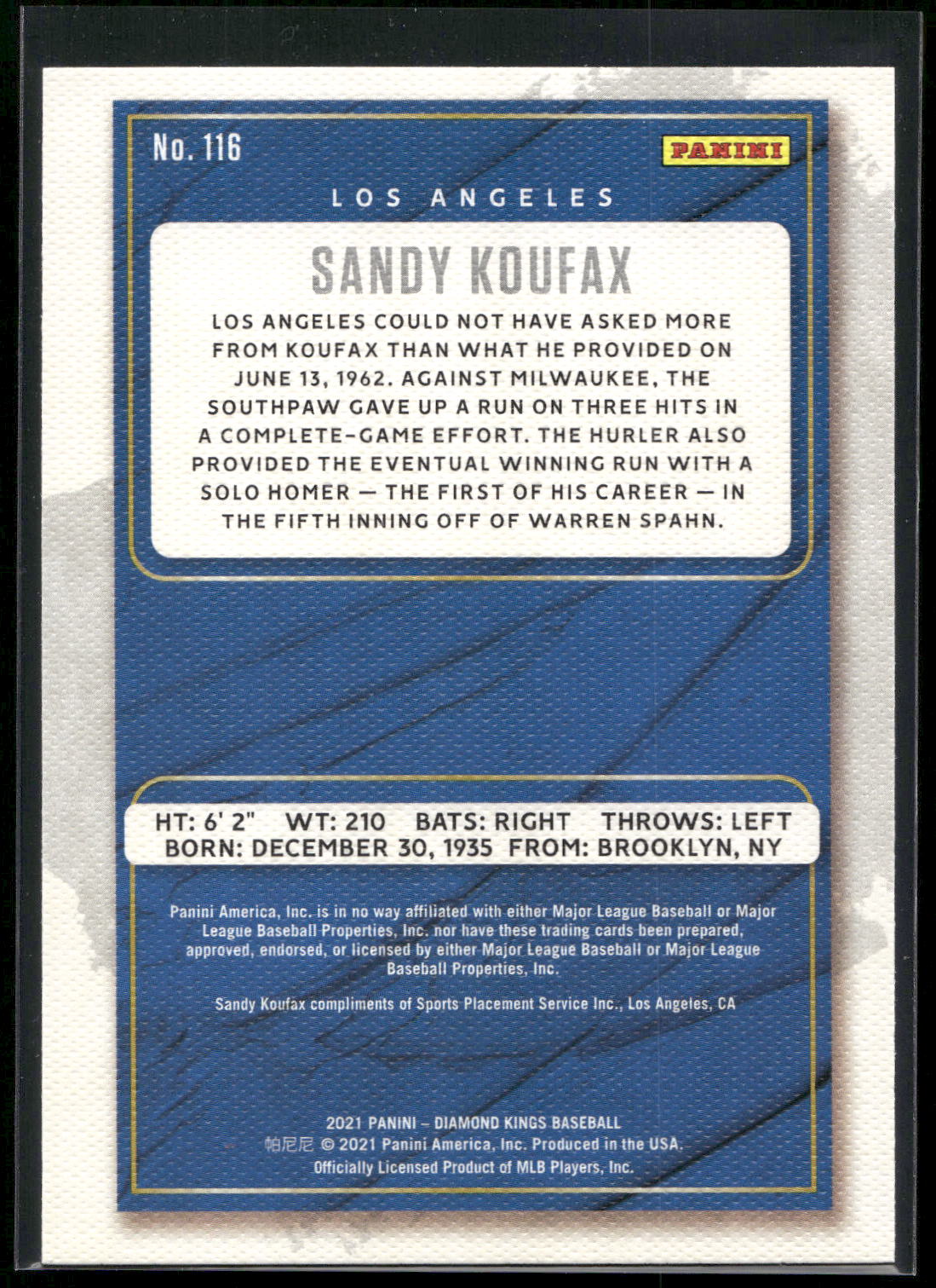 2021 Panini Diamond Kings #116 Sandy Koufax