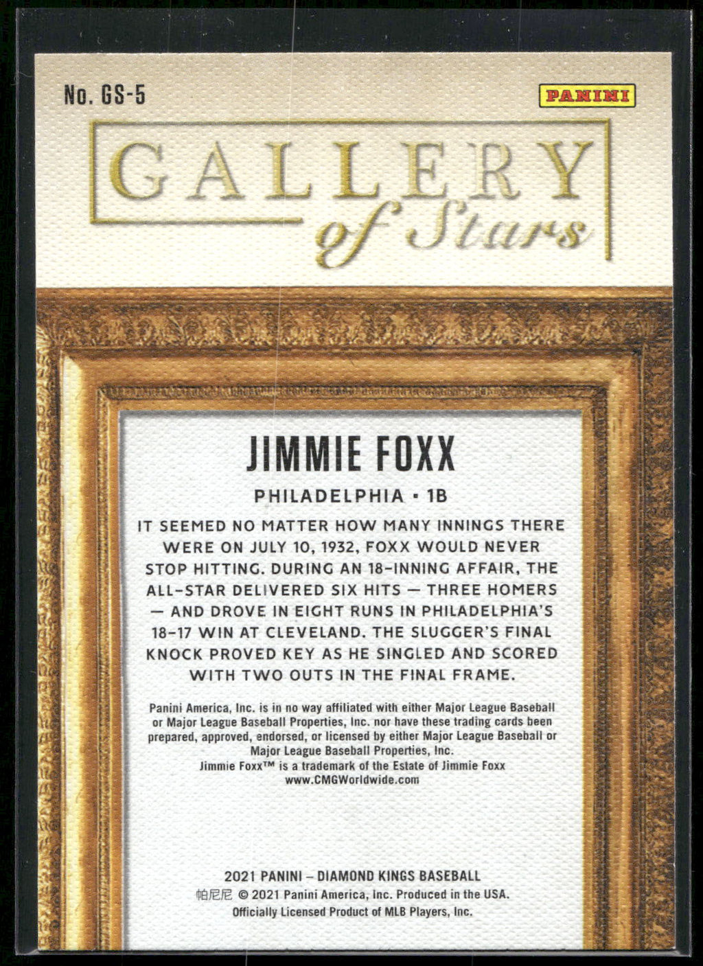 2021 Panini Diamond Kings #GS-5 Jimmie Foxx Gallery of Stars