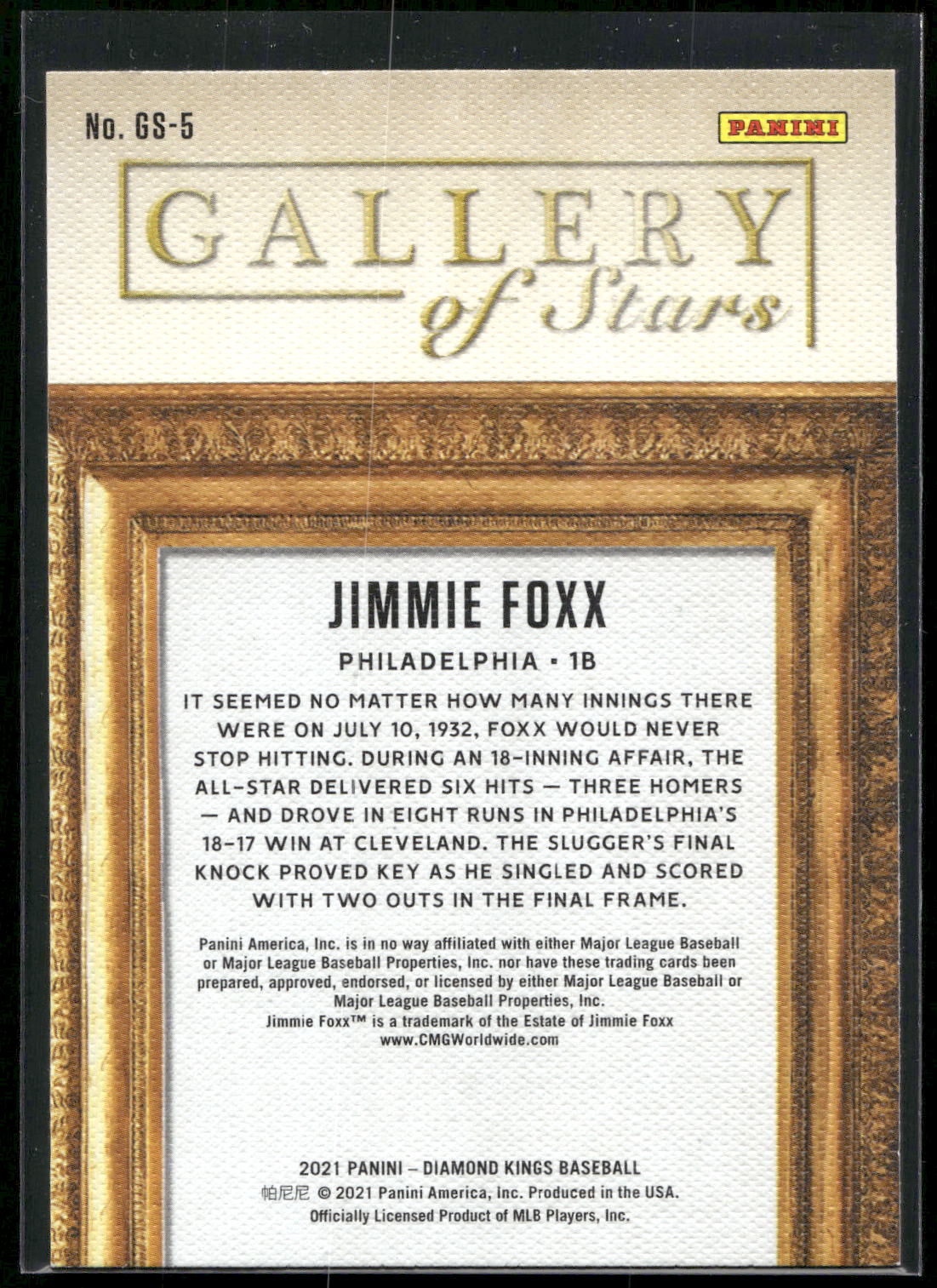 2021 Panini Diamond Kings #GS-5 Jimmie Foxx Gallery of Stars