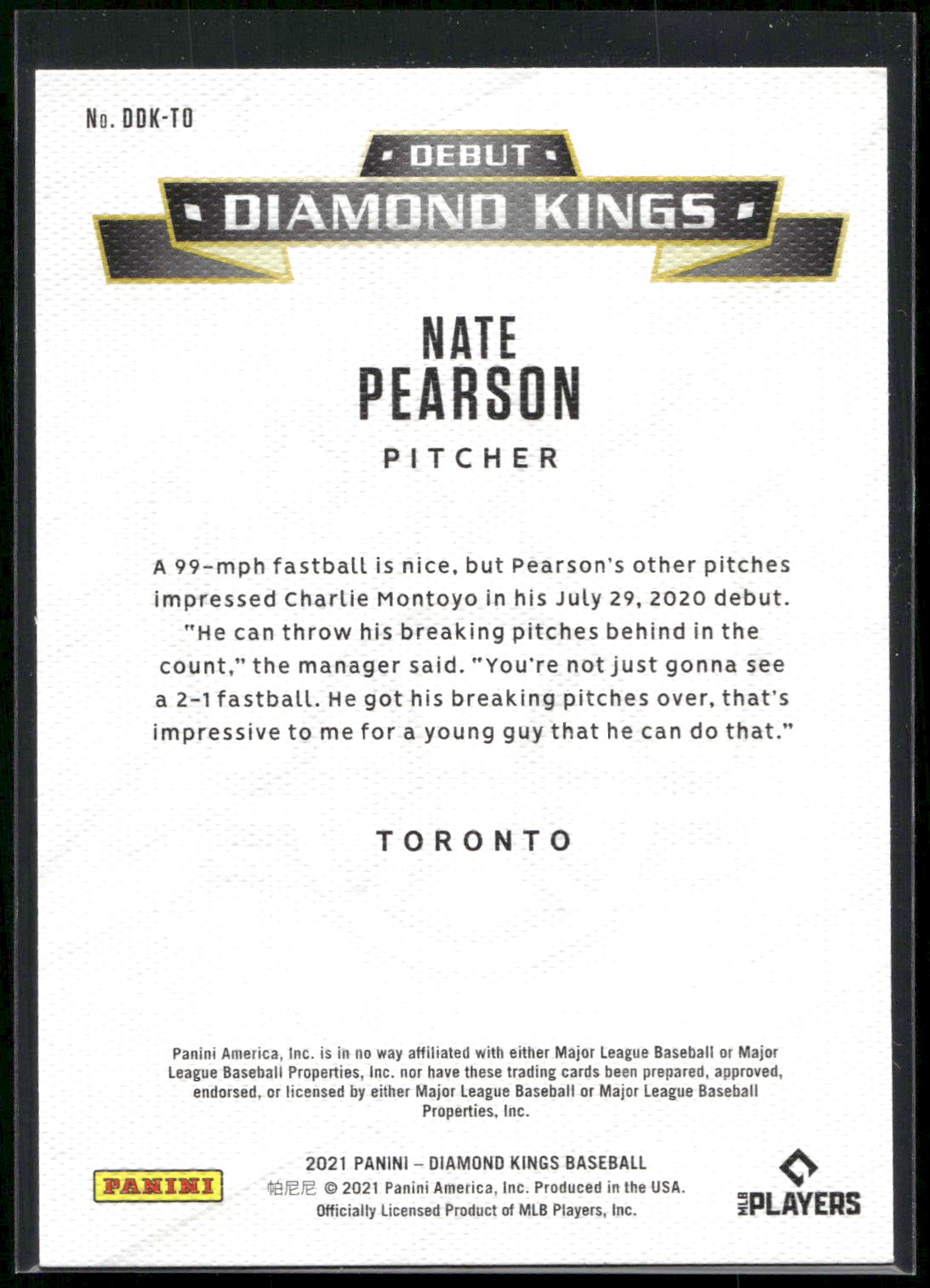 2021 Panini Diamond Kings #DDK-TO Nate Pearson Debut Diamond Kings