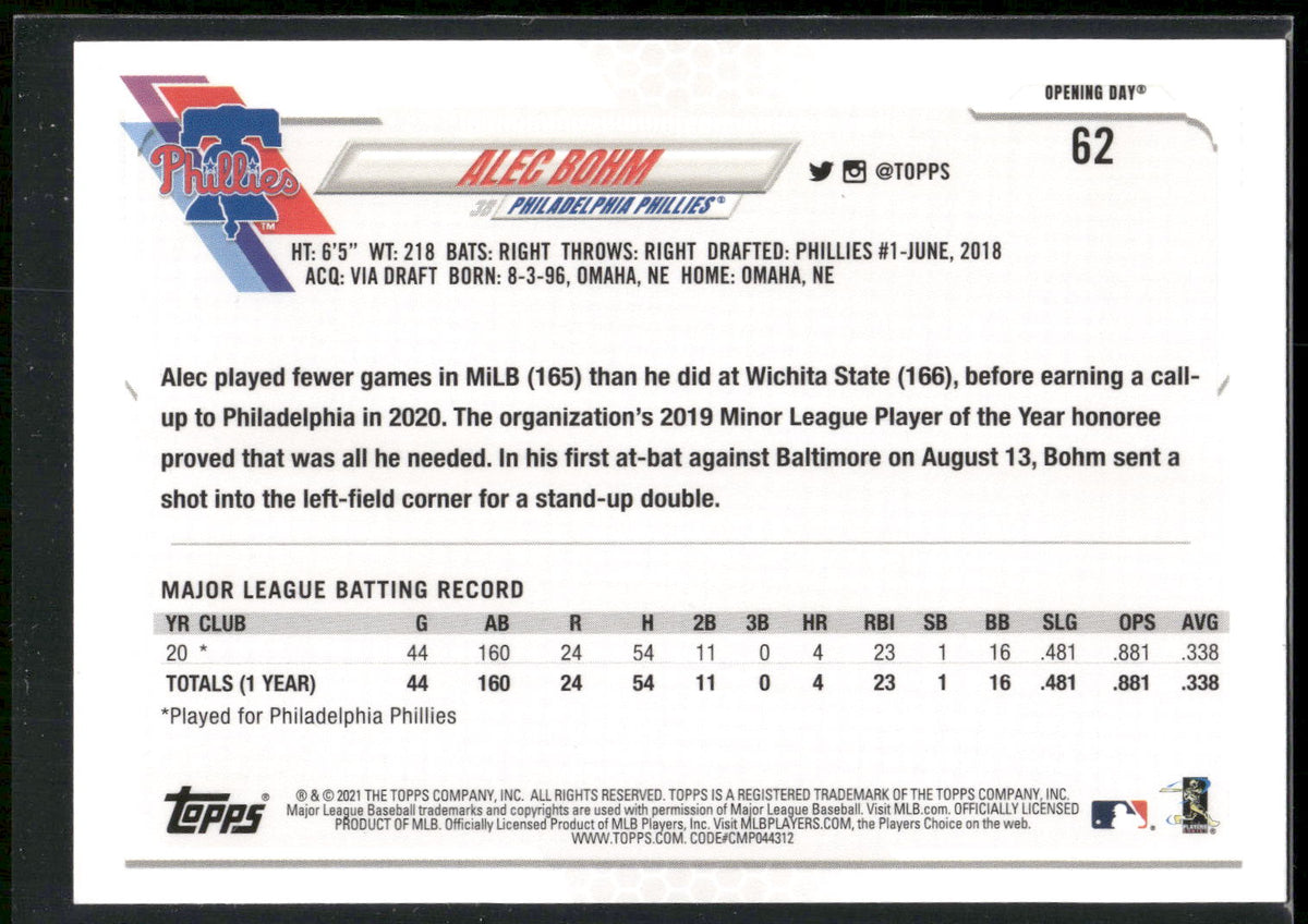 2021 Topps Opening Day #62 Alec Bohm