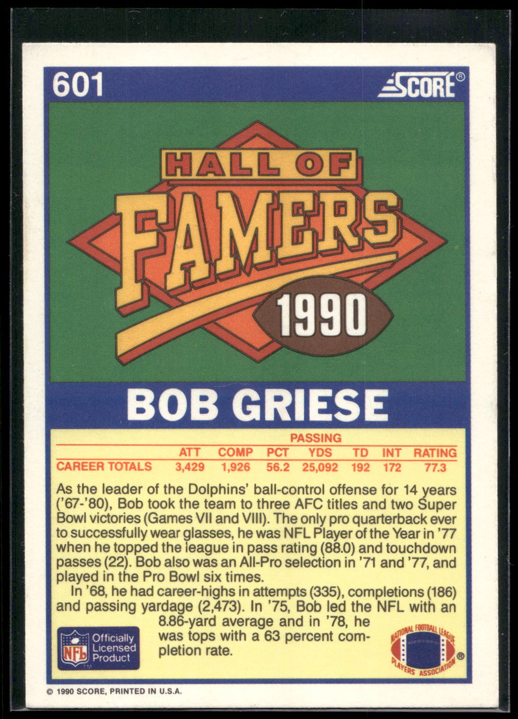 1990 Score #601 Bob Griese