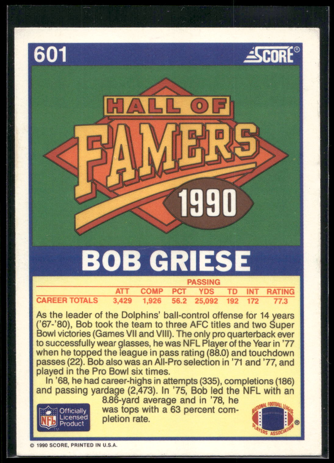 1990 Score #601 Bob Griese