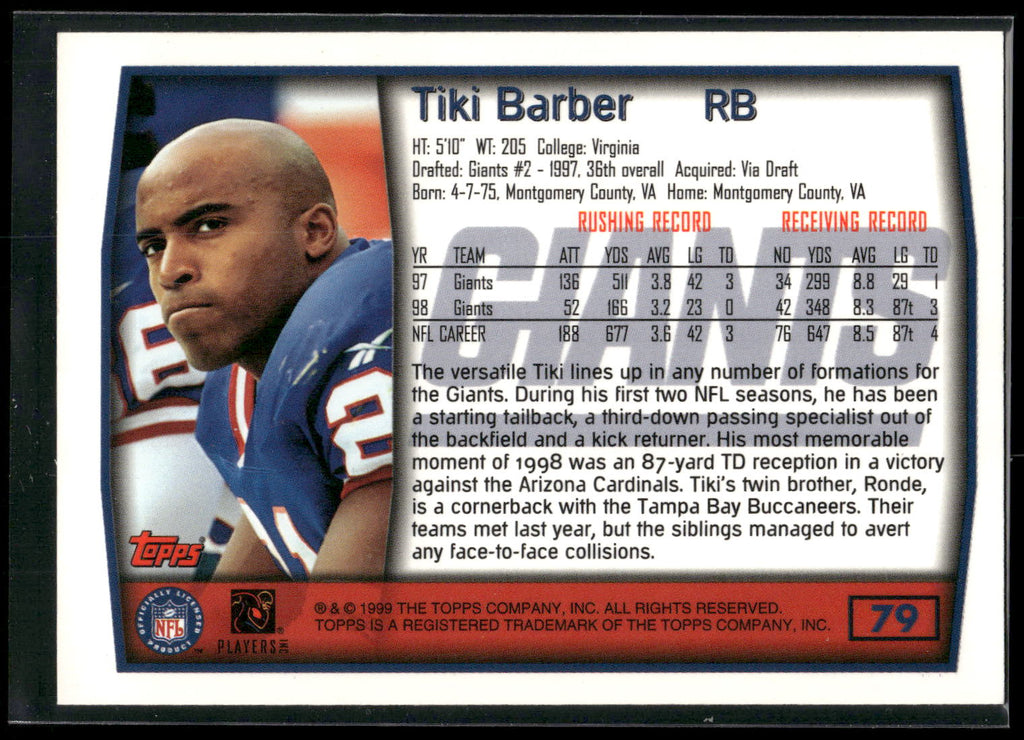 1999 Topps #79 Tiki Barber