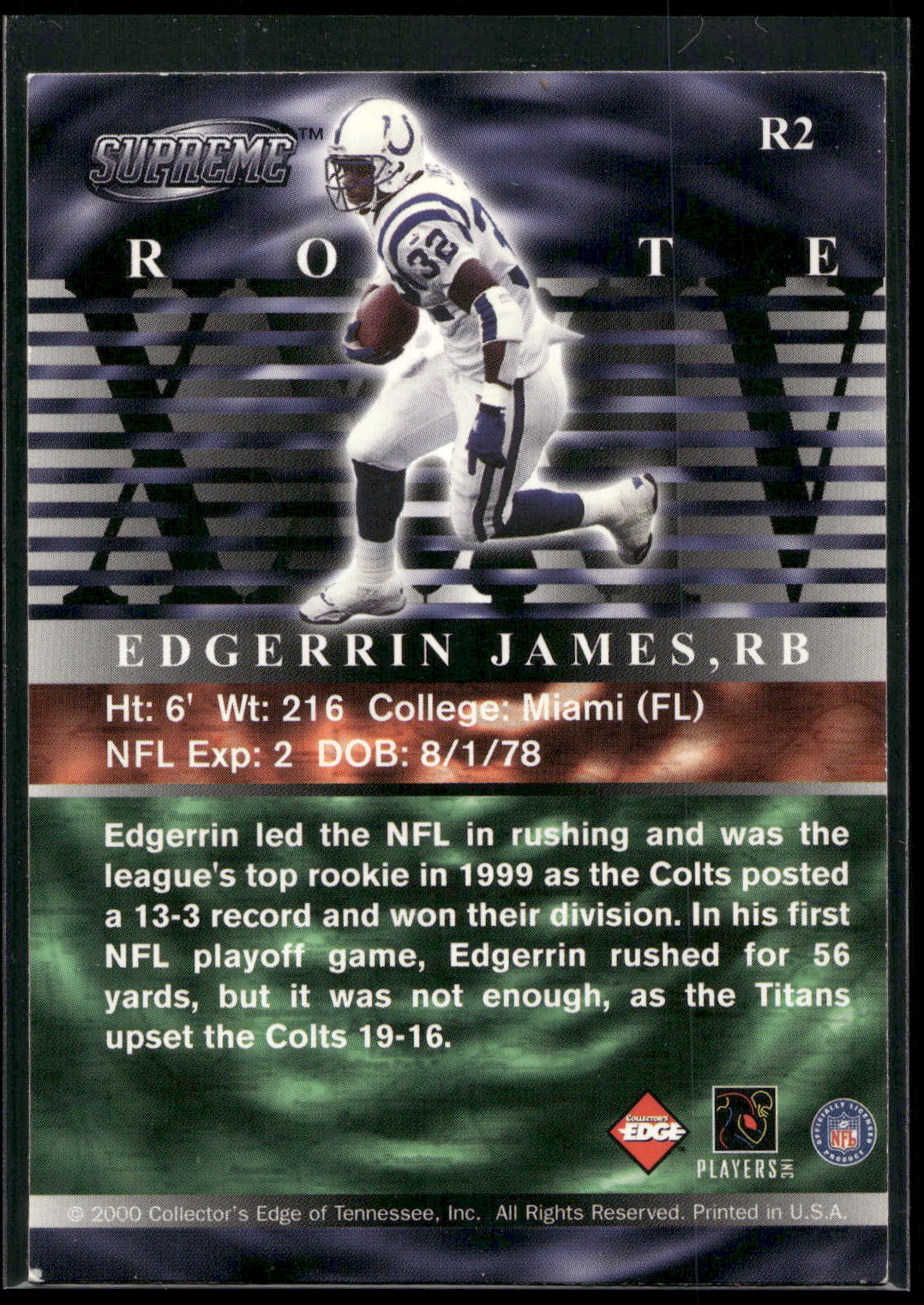 2000 Collector's Edge Supreme #R2 Edgerrin James Route XXXIV