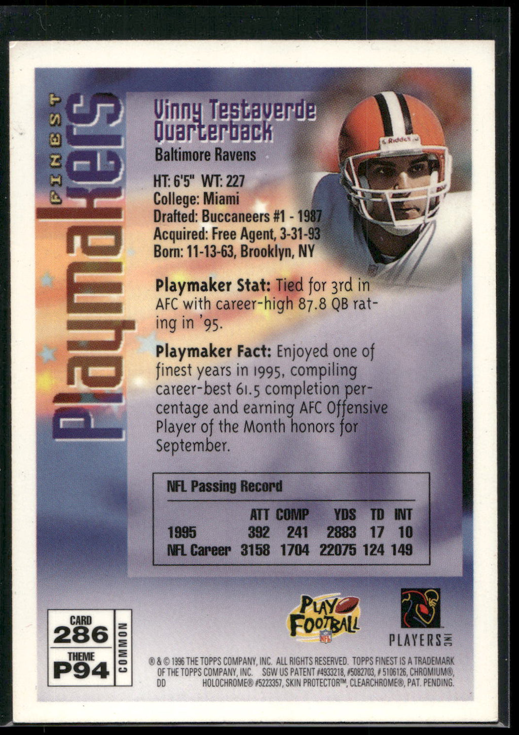 1996 Finest #286 Vinny Testaverde
