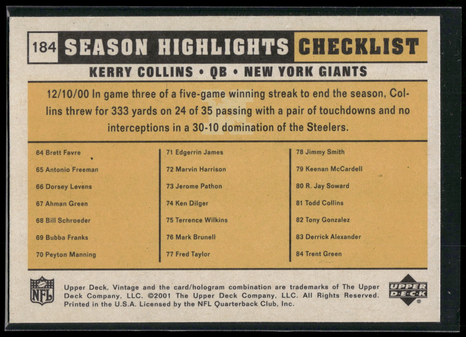 2001 Upper Deck Vintage #184 Kerry Collins