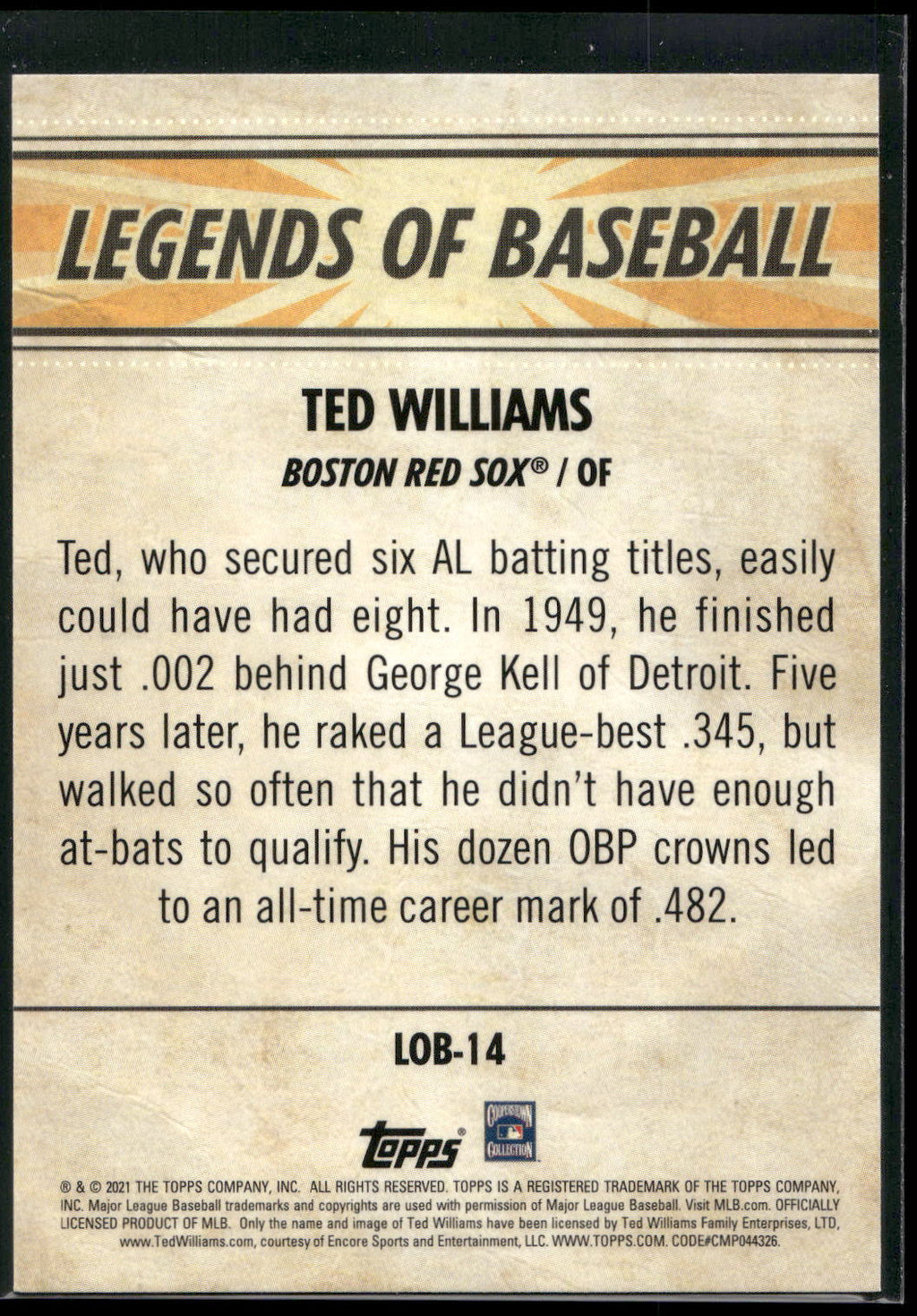 2021 Topps Opening Day #LOB-14 Ted Williams Legends of Baseball