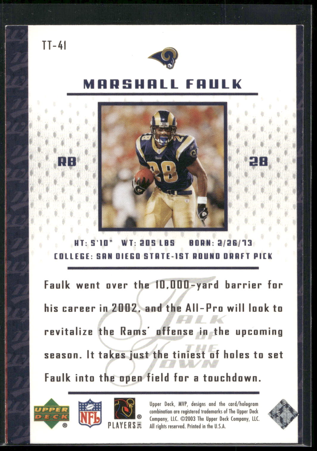2003 Upper Deck MVP #TT-41 Marshall Faulk Talk of the Town