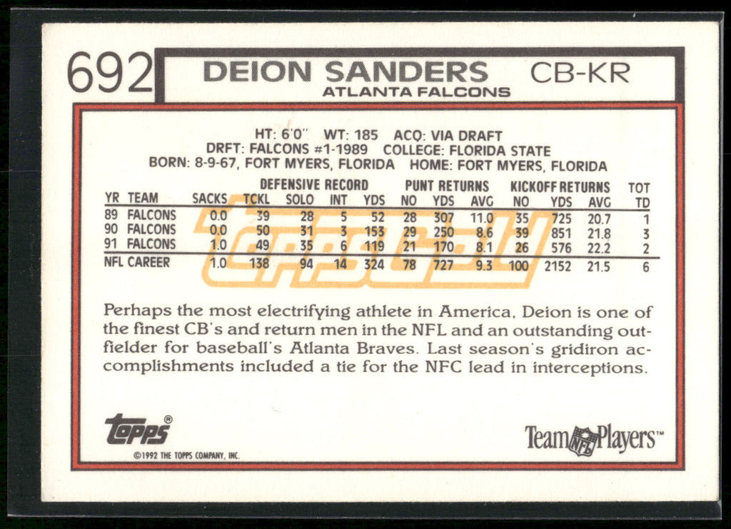 1992 Topps #692 Deion Sanders Gold