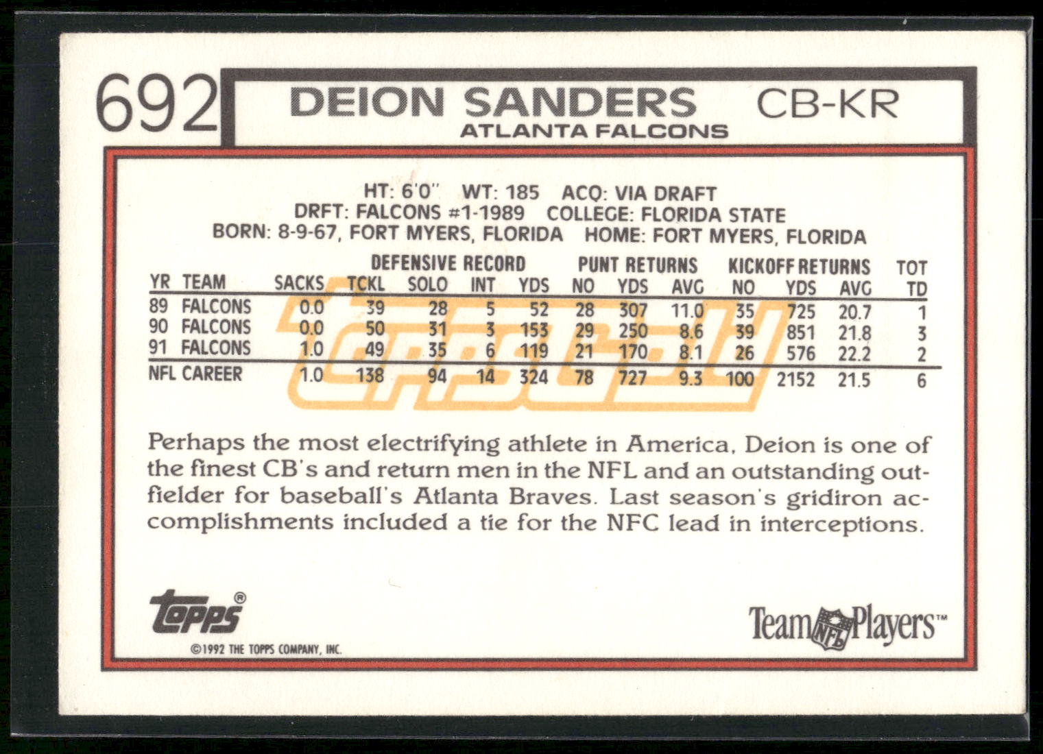 1992 Topps #692 Deion Sanders Gold