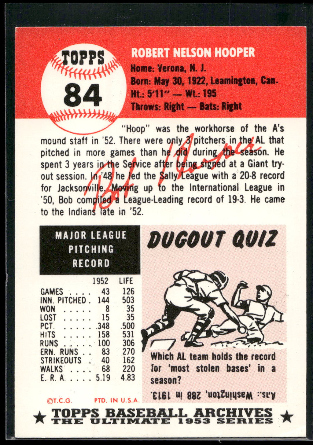 1953 Topps #84 Bob Hooper