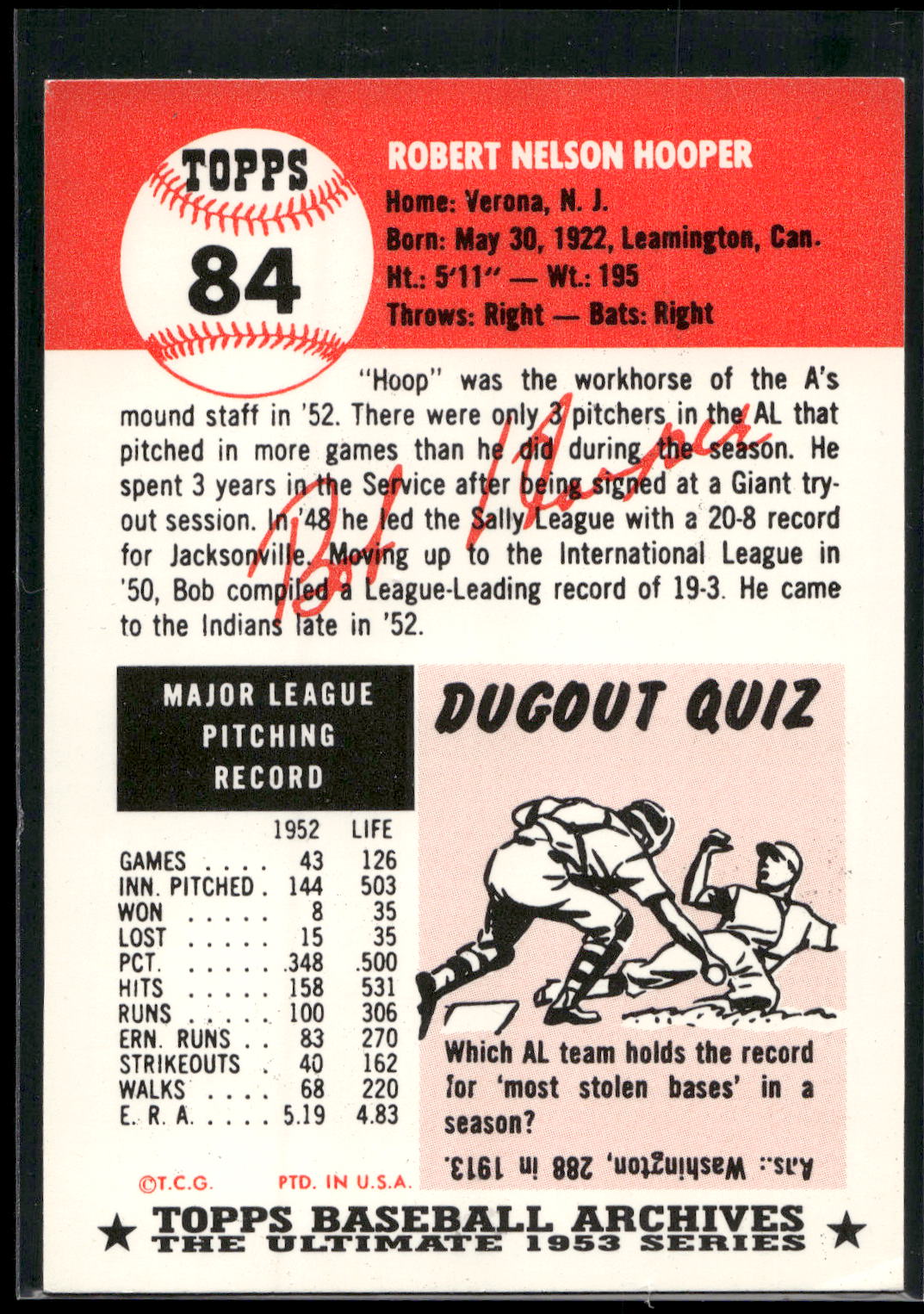 1953 Topps #84 Bob Hooper