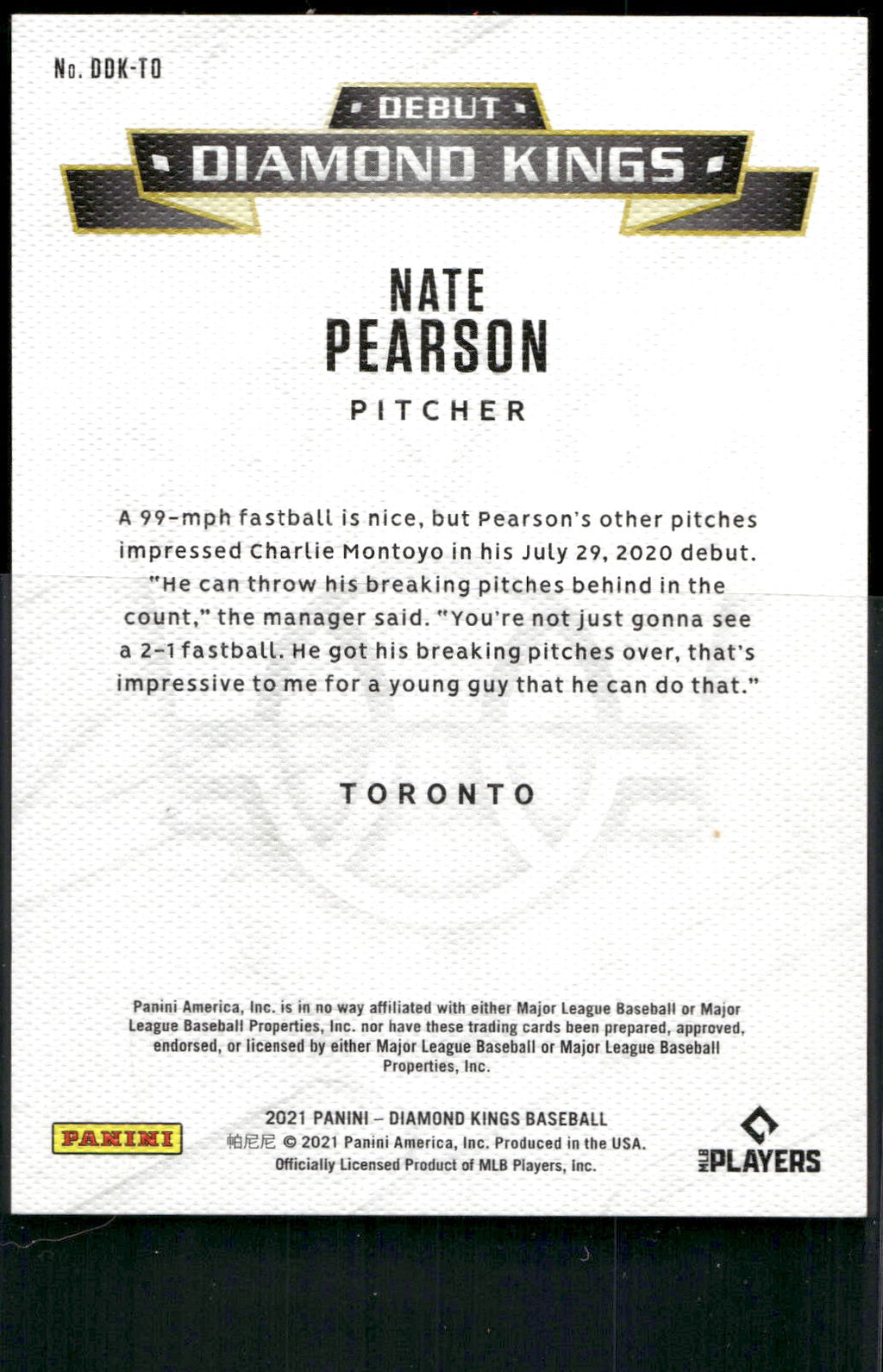 2021 Panini Diamond Kings #DDK-TO Nate Pearson Debut Diamond Kings Red Frame