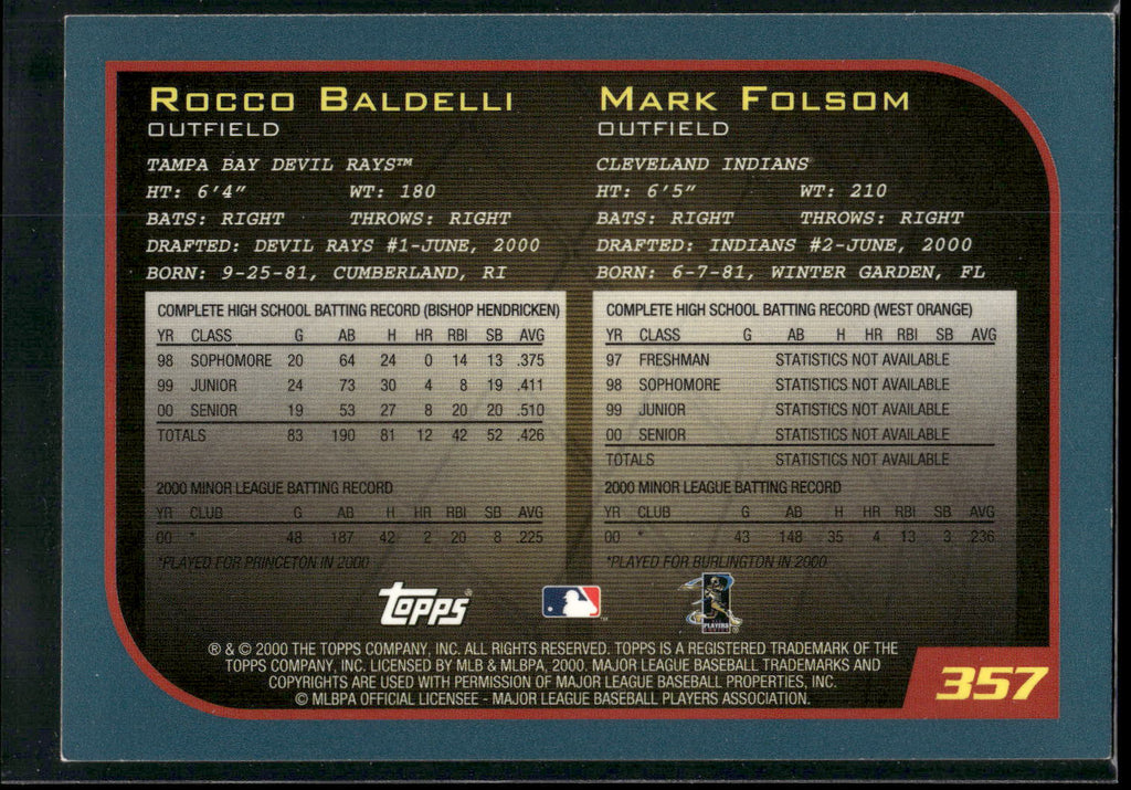 2001 Topps #357 Rocco Baldelli / Mark Folsom