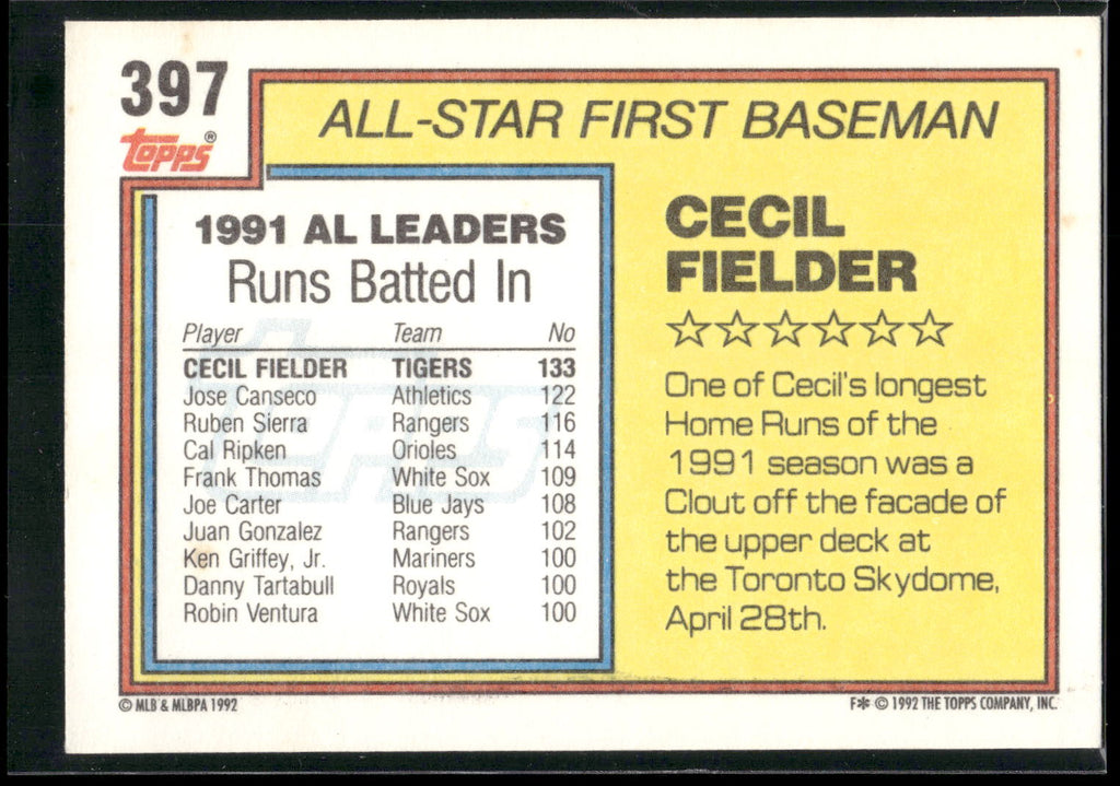 1992 Topps #397 Cecil Fielder